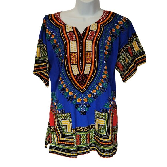 Dashiki African Print Short Sleeve Tunic Blouse Top Pockets Ethnic Boho Hippie S - Picture 1 of 6